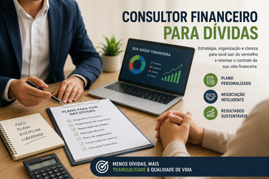 Consultor financeiro para dívidas orientando cliente com plano financeiro, gráficos e checklist para sair do vermelho.