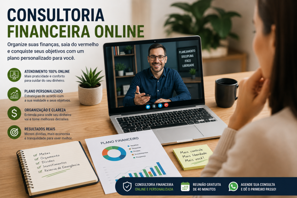 Consultoria financeira online com especialista analisando orçamento, dívidas e planejamento financeiro em reunião pelo computador.