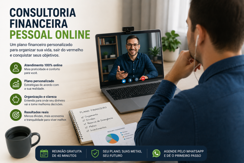 Consultoria financeira pessoal online com especialista analisando orçamento, dívidas e metas financeiras em reunião pelo computador.